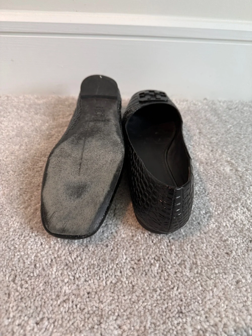 Black Tory Burch Croc-Embossed Ballet Flats with Logo Accent - Picture 2 of 2